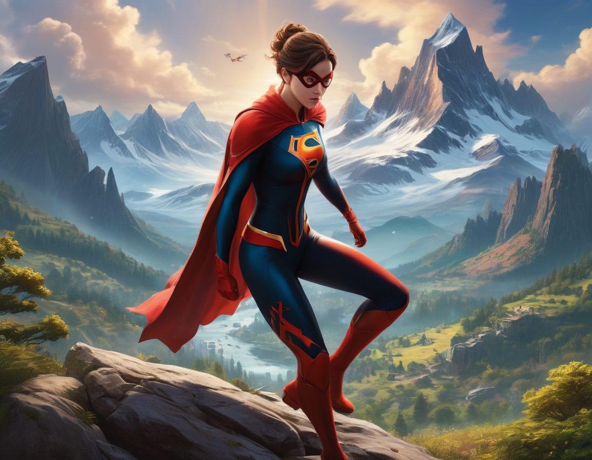 An artistic representation of a graphic novel page coming to life, featuring a bold superhero character seamlessly transitioning into a vibrant 3D interactive gaming environment. Include elements of fantasy and adventure, with adult themes subtly hinted through mature characters and immersive backgrounds. The overall composition should evoke a sense of excitement and exploration, blending traditional comic art with modern gaming aesthetics. super-realistic. vibrant colors. 3D.