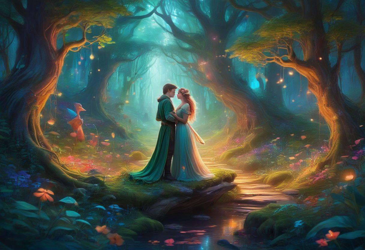 A whimsical and vibrant scene depicting a diverse group of fantasy characters engaging in imaginative adventures, set against a lush, enchanted forest background. Include elements of playful seduction and allure, with colorful, dreamy aesthetics capturing the essence of adult fantasies. Emphasize creativity and sensuality in the characters' poses and expressions. sparkling lights and ethereal atmosphere. digital painting. vibrant colors. fantasy art.