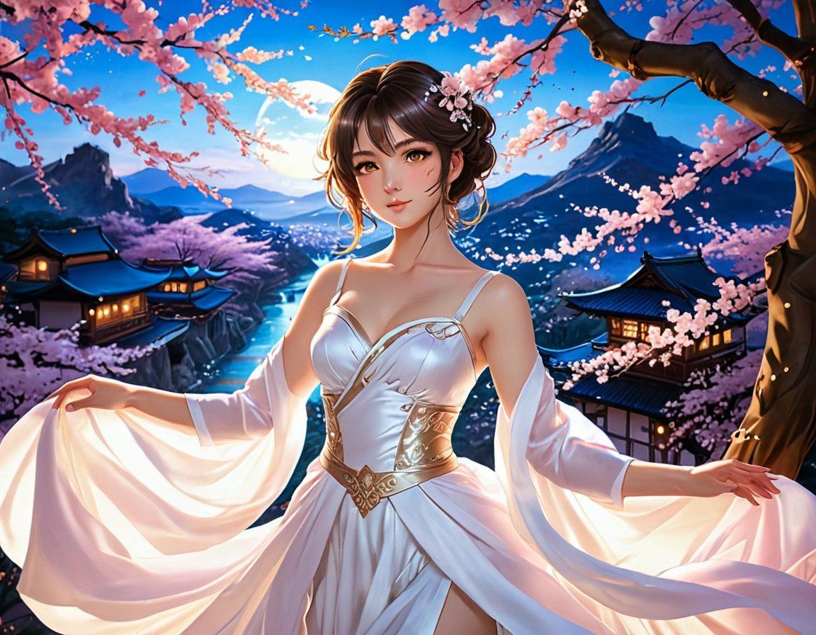 A beautifully illustrated scene featuring anime characters in alluring poses, showcasing a blend of fantasy and seduction. The background should include an enchanting landscape filled with soft, glowing lights and delicate cherry blossoms, enhancing the dreamy feel. Colorful silk fabrics billow around them, hinting at elegance and allure. The characters should embody various seductive archetypes, with expressive eyes and captivating smiles. anime, vibrant colors, fantasy art.